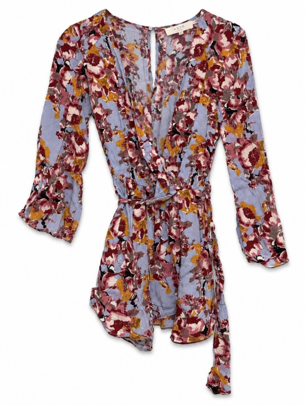 ASTR Blue Floral Long-Sleeve Wrap Dress - XS
